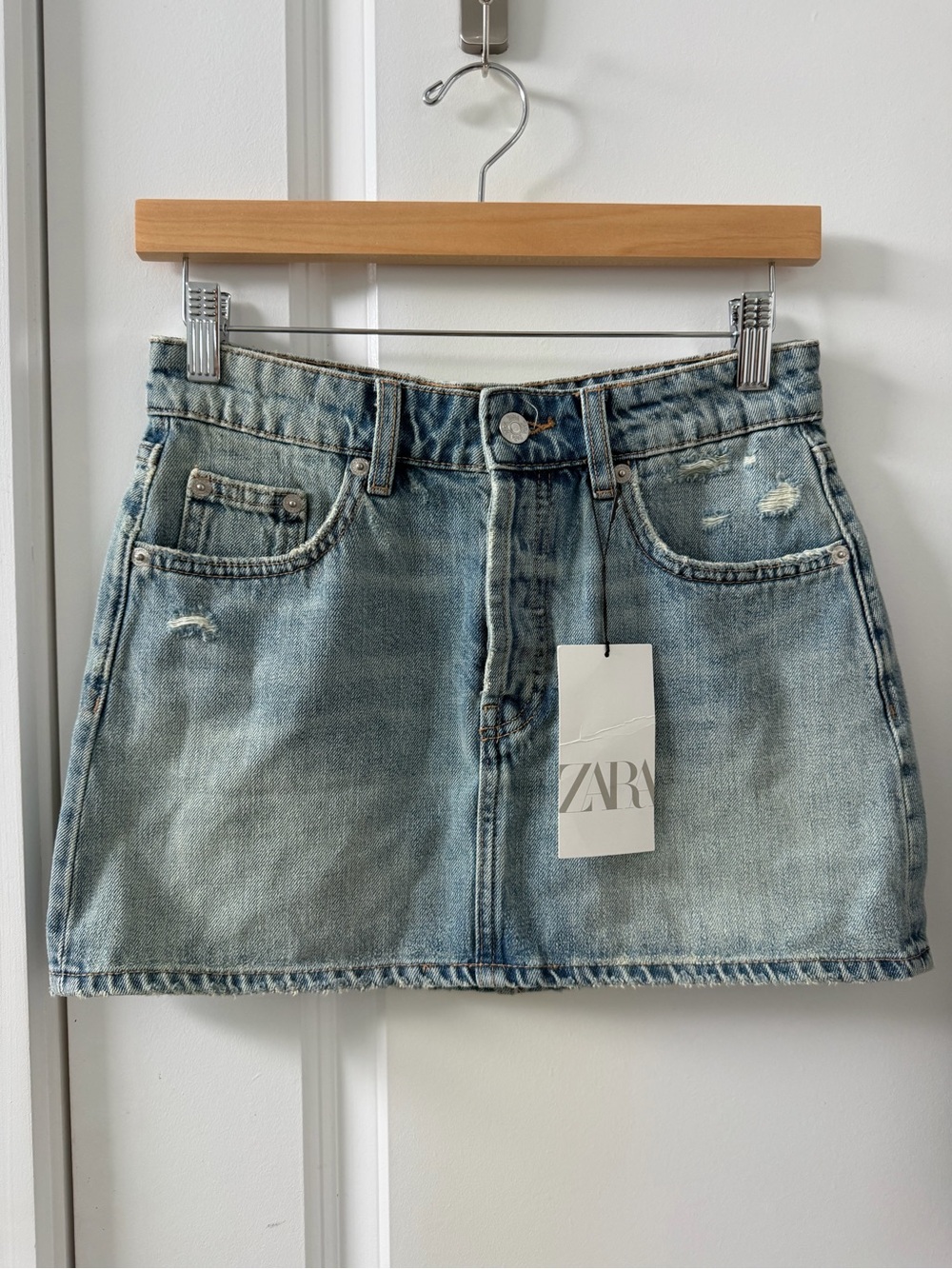 ZARA Light Wash Distressed Denim Mini Skirt